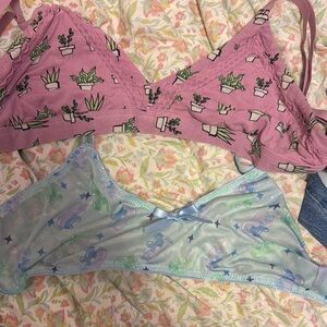MEUNDIES size L Unlined Soft Cotton Purple bra Plants pattern design & blue bra